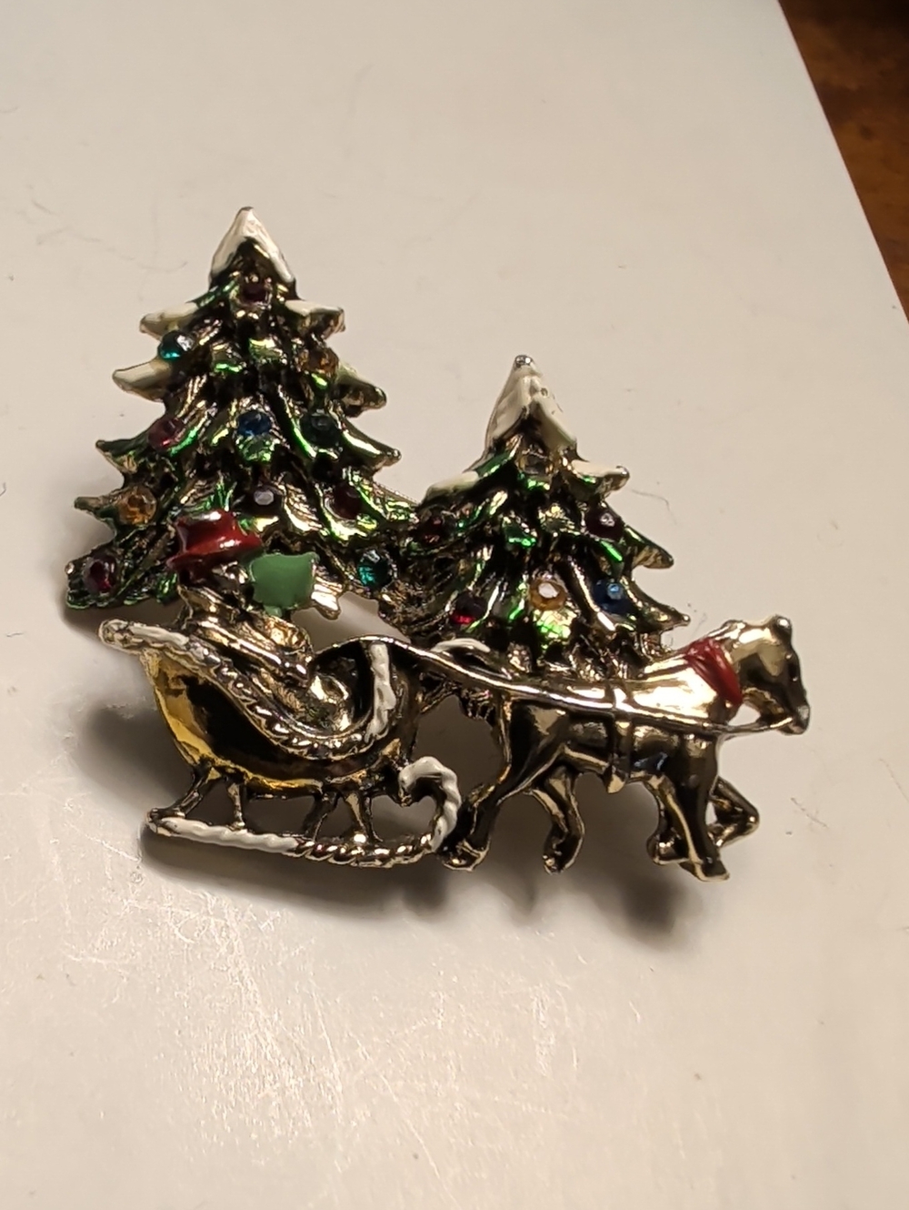 Festive Holiday Sleigh Pin Brooch Couple Christmas trees Goldtone Enamel Vintage